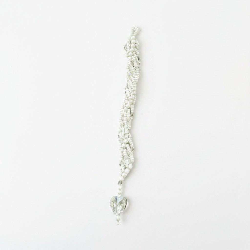 Jena Jewelry white seed bead icicle ornament with a clear glass heart charm, handcrafted for holiday sparkle.