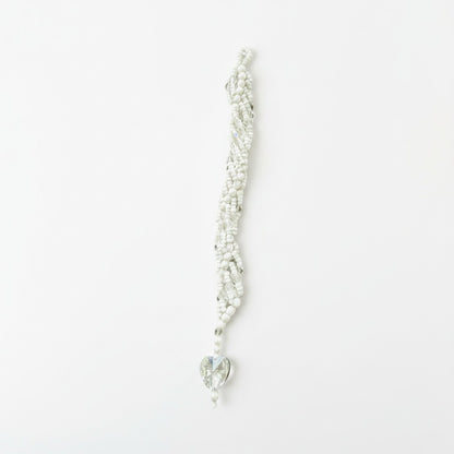 Jena Jewelry white seed bead icicle ornament with a clear glass heart charm, handcrafted for holiday sparkle.