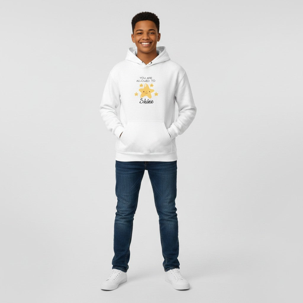 Jena Jewelry white cotton-poly blend hoodie with a cute yellow star graphic and the text "You Are Allowed To Shine".