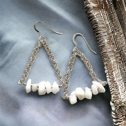 Jena Jewelry silver chainmaille triangle earrings with raw white stones and crystal accents.