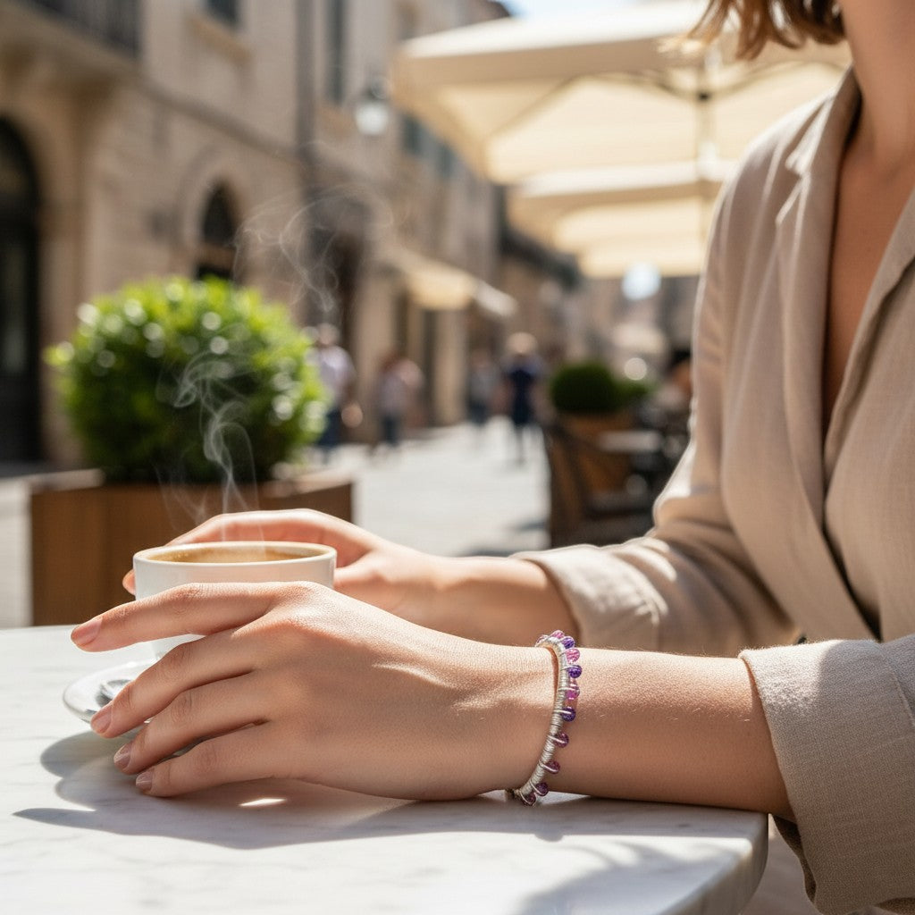 Jena Jewelry handmade wire-wrapped bangle bracelet with pink and purple crystals and a heart clasp.