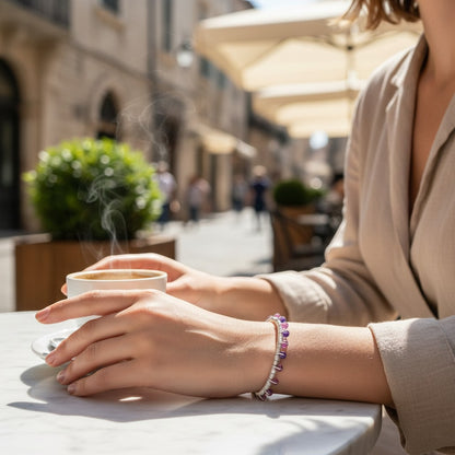 Jena Jewelry handmade wire-wrapped bangle bracelet with pink and purple crystals and a heart clasp.