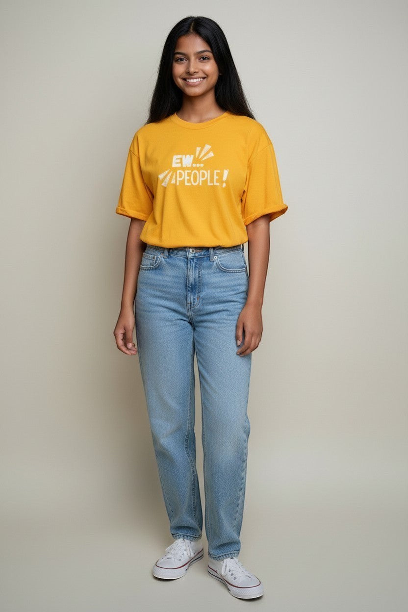 Jena Jewelry yellow 100% cotton t-shirt with "EW... PEOPLE!" graphic print, paired with light wash jeans.