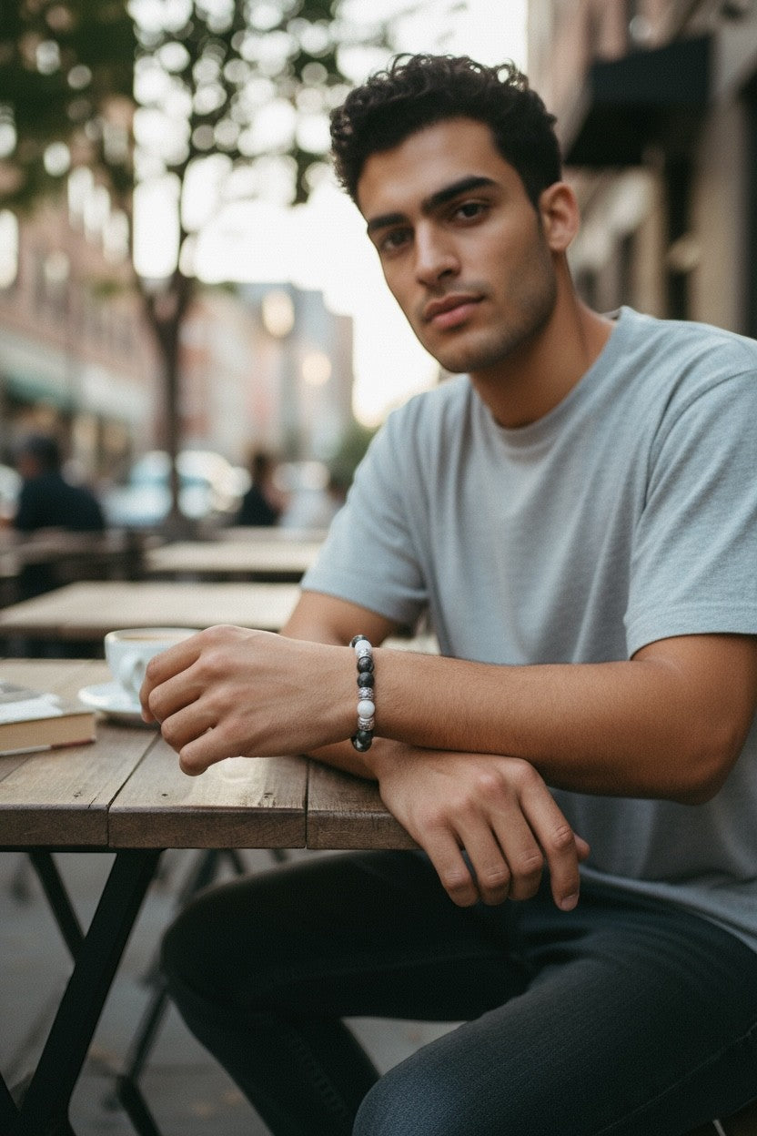 Jena Jewelry stretch bracelet with zebra jasper and rose quartz beads, worn by a man sitting at a cafe table.