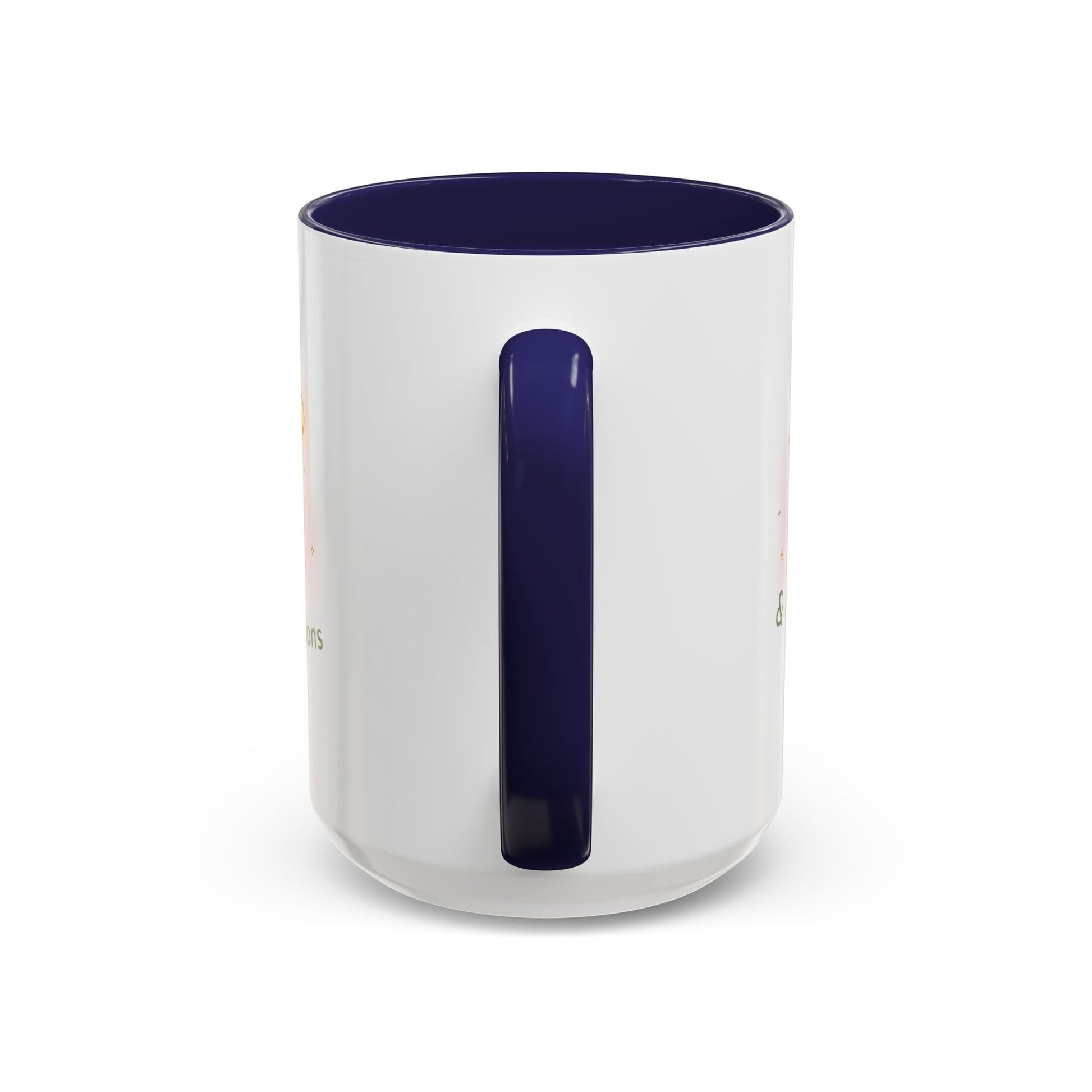 Jena Jewelry white ceramic mug with navy blue interior and handle, featuring "Made of Magic" affirmation text and watercolor design.