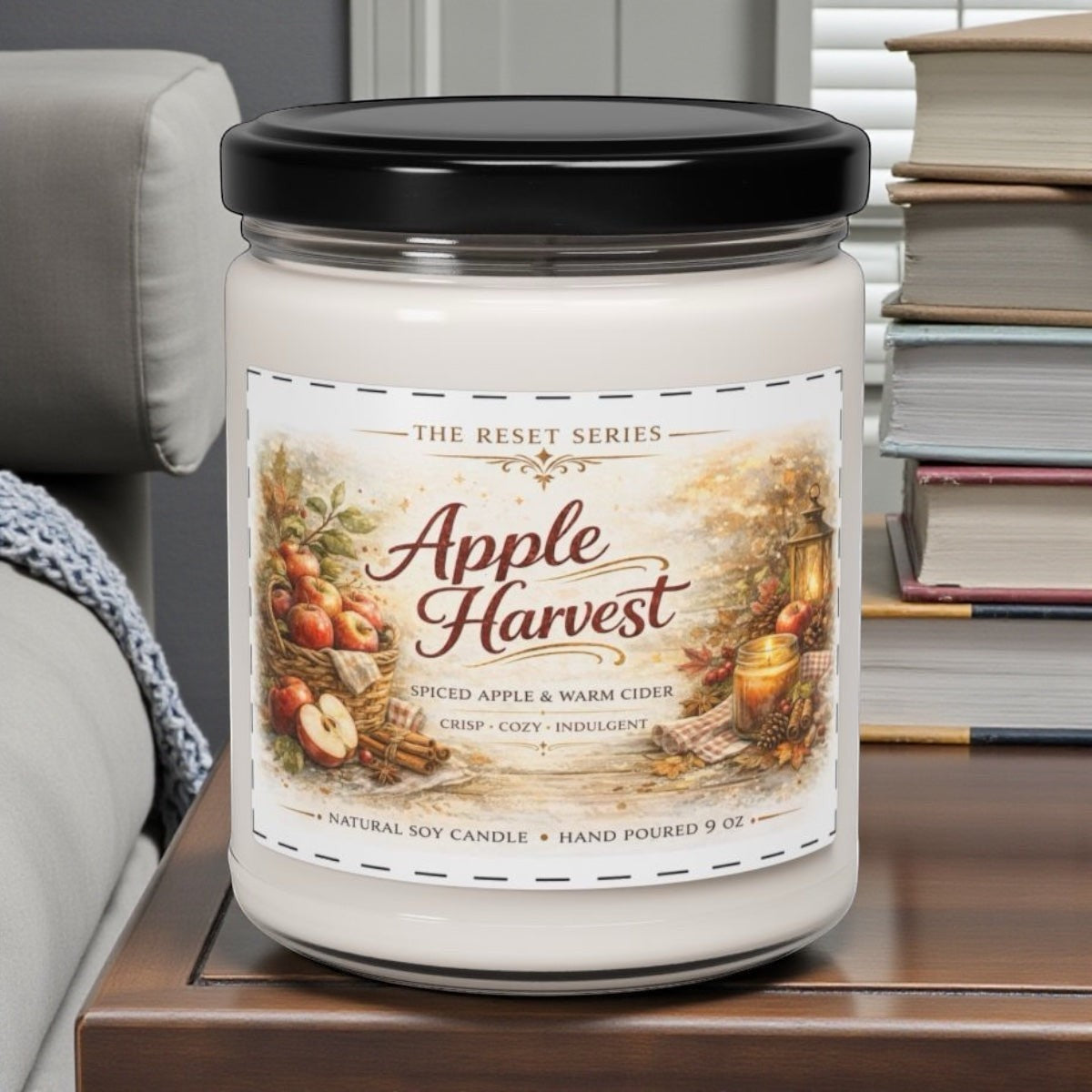 Jena Jewelry Apple Harvest soy candle with spiced apple and warm cider scent, in a reusable glass vessel.