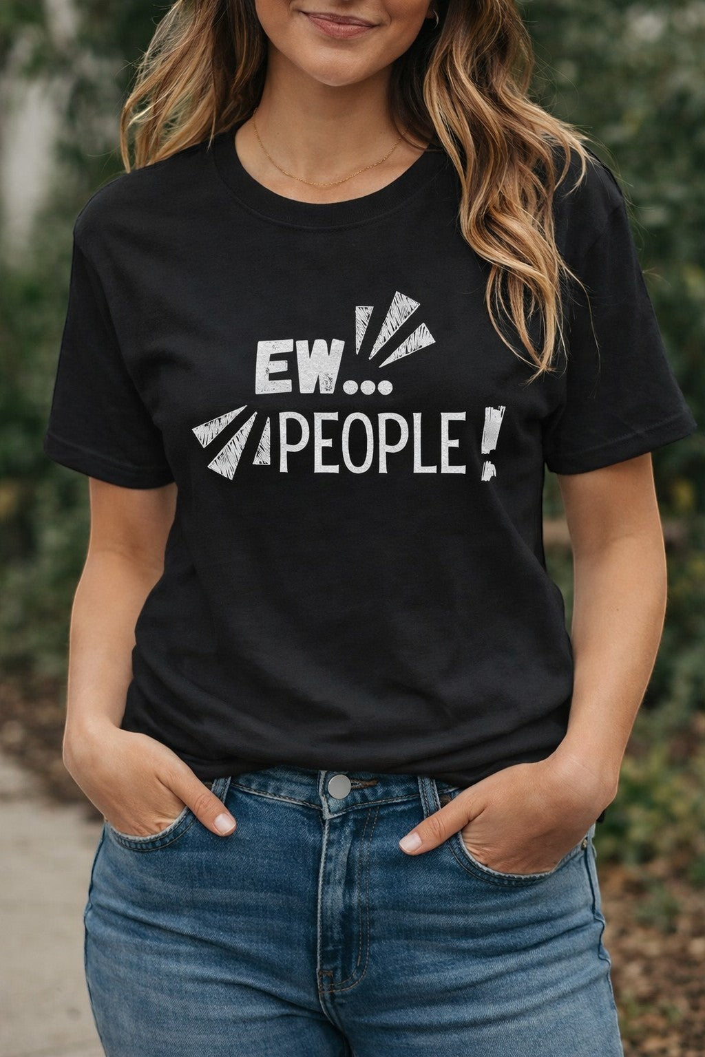 Jena Jewelry black 100% cotton t-shirt with white "EW... PEOPLE!" graphic print, relaxed fit, crewneck, short sleeves.