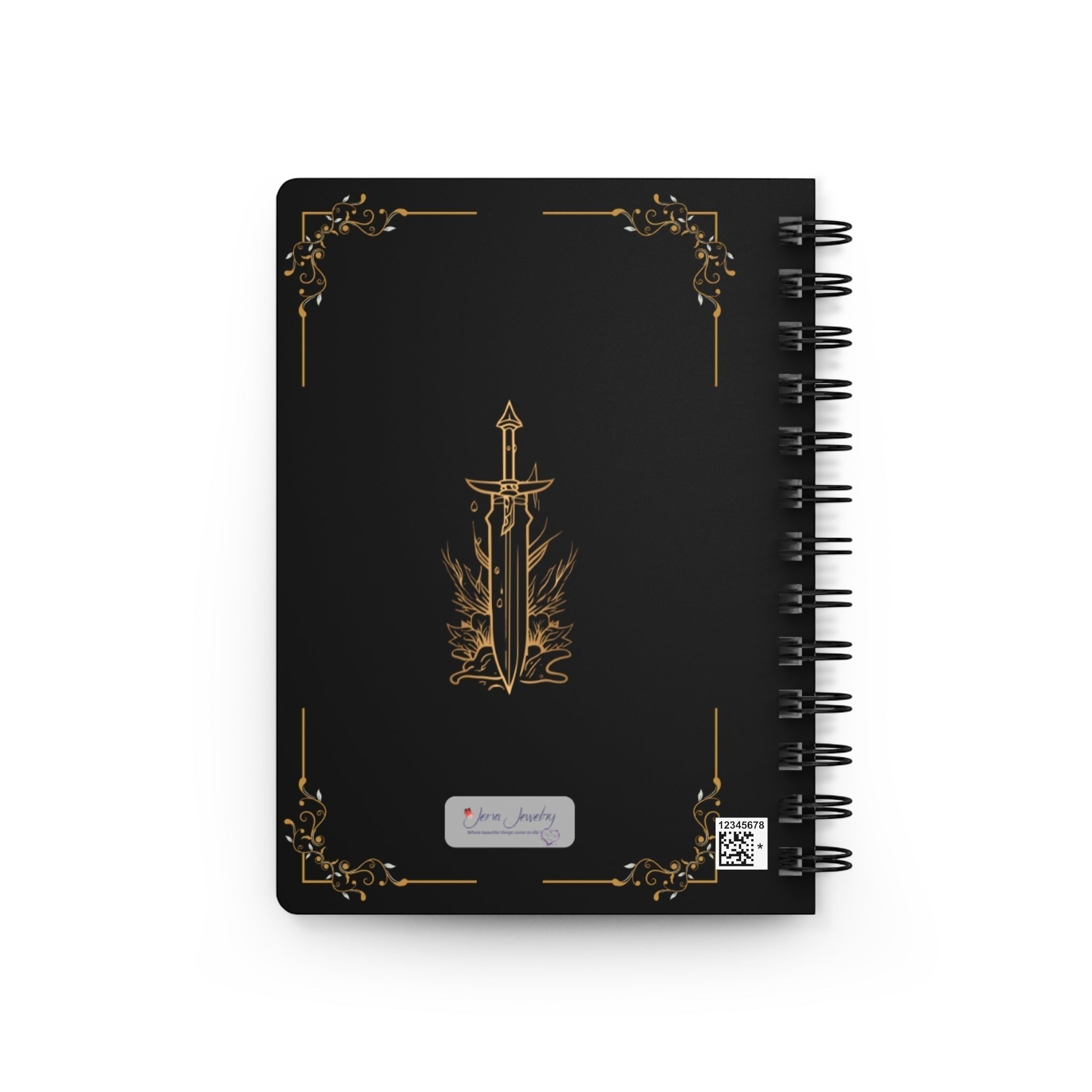 Jena Jewelry black spiral notebook with gold sword and floral accents, for self-care and goal setting.