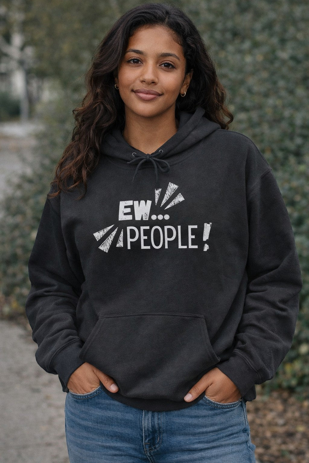 Jena Jewelry black cotton-poly blend hoodie with white "EW... PEOPLE!" graphic print and kangaroo pocket.