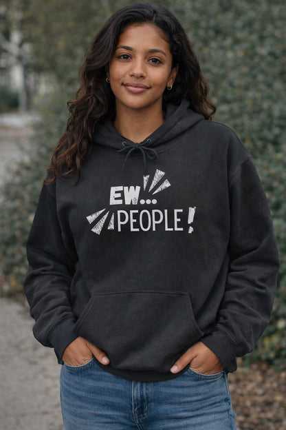 Jena Jewelry black cotton-poly blend hoodie with white "EW... PEOPLE!" graphic print and kangaroo pocket.