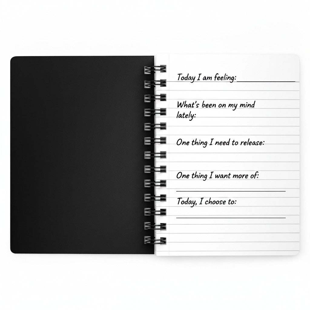 Jena Jewelry Guided Reset Journal, a black spiral notebook with lined pages for self-care and goal setting.