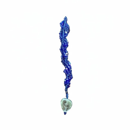 Jena Jewelry blue seed bead icicle ornament with a clear glass heart charm, handcrafted for holiday sparkle.