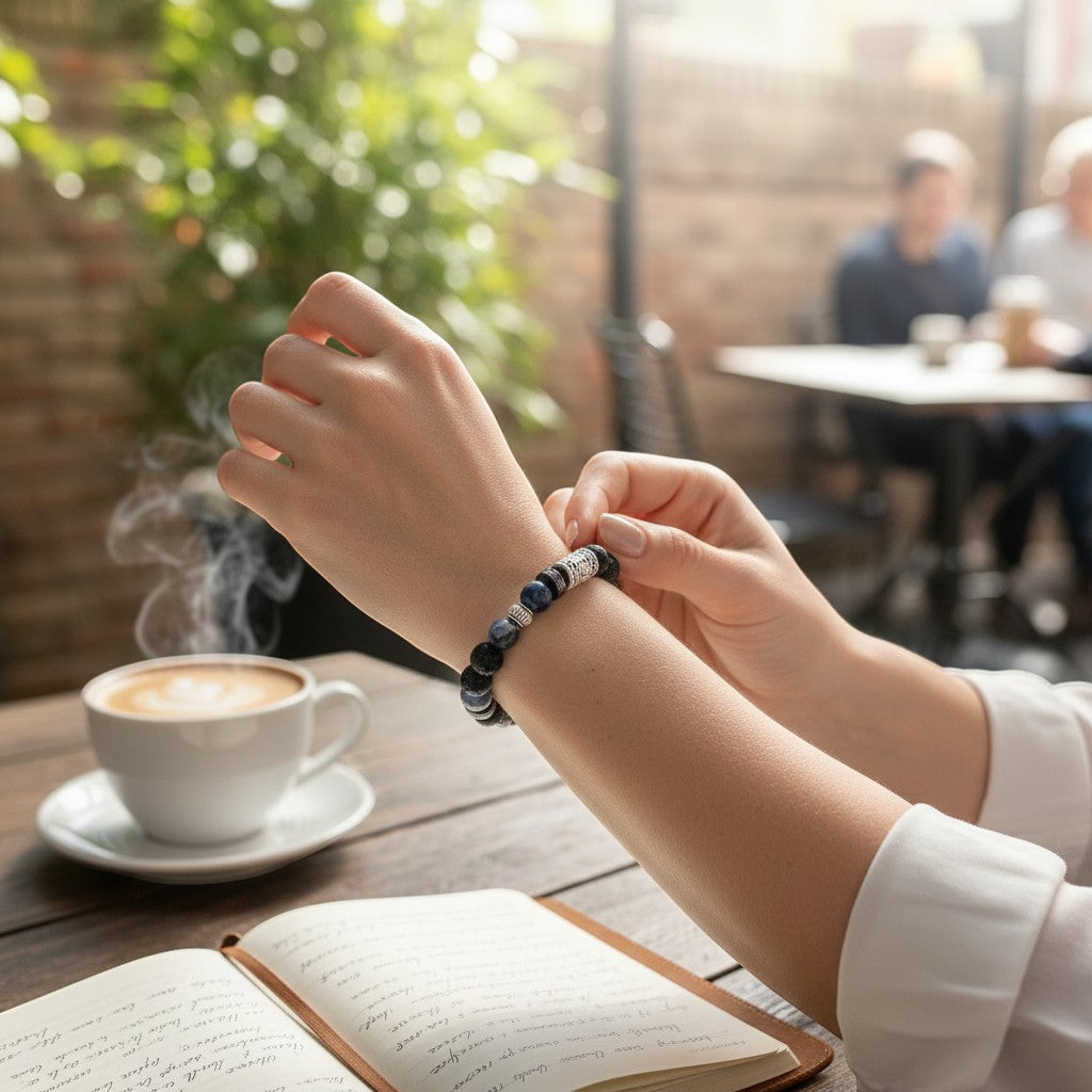 Jena Jewelry blue and black beaded stretch bracelet spelling "Let It Go!" in Morse code, with silver accents.