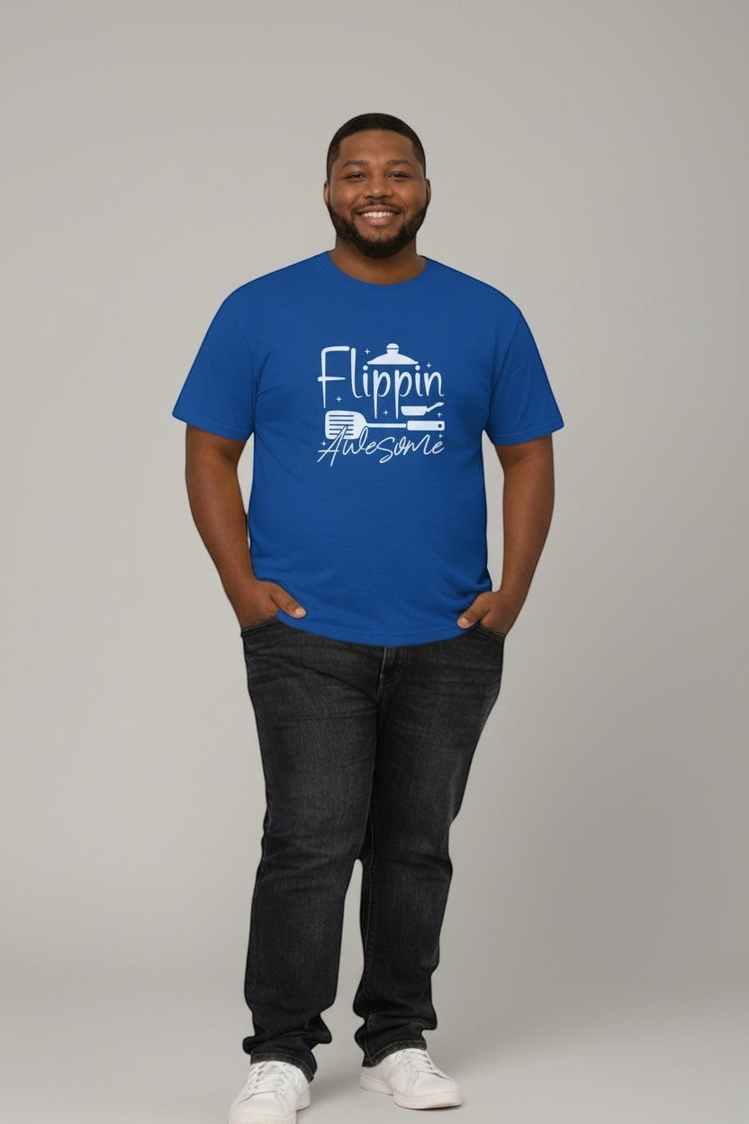 Jena Jewelry royal blue 100% cotton t-shirt with white graphic text 'Flippin Awesome' and cooking icons.