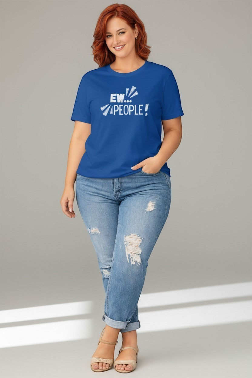 Jena Jewelry blue 100% cotton t-shirt with white "EW... PEOPLE!" graphic print on chest. Relaxed fit, crewneck, short sleeves.