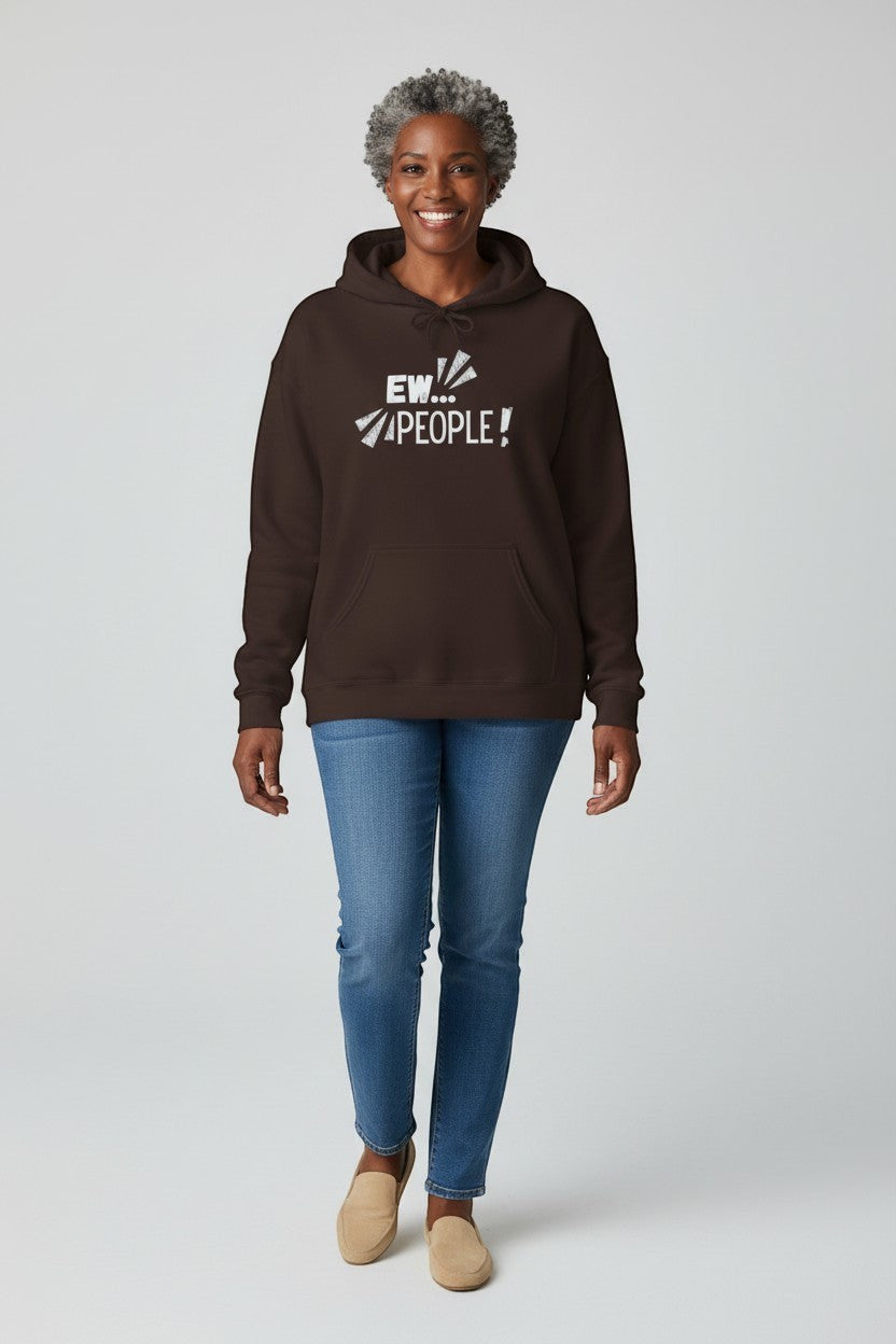 Jena Jewelry brown 50/50 cotton-poly blend hoodie with white "EW... PEOPLE!" graphic print and kangaroo pocket.