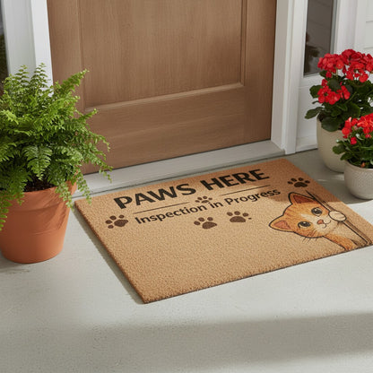 Jena Jewelry coir doormat with "Paws Here Inspection in Progress" text and a peeking cat graphic.