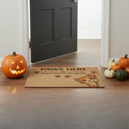 Jena Jewelry coir doormat with "Paws Here Inspection in Progress" text and a peeking cat graphic.