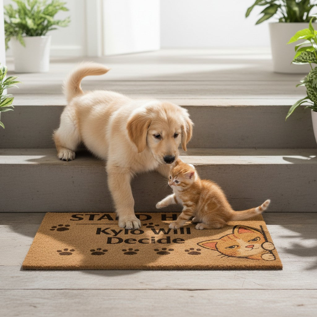 Jena Jewelry coir doormat with "Stand Here, Kylo Will Decide" text and a cartoon cat peeking around the corner.