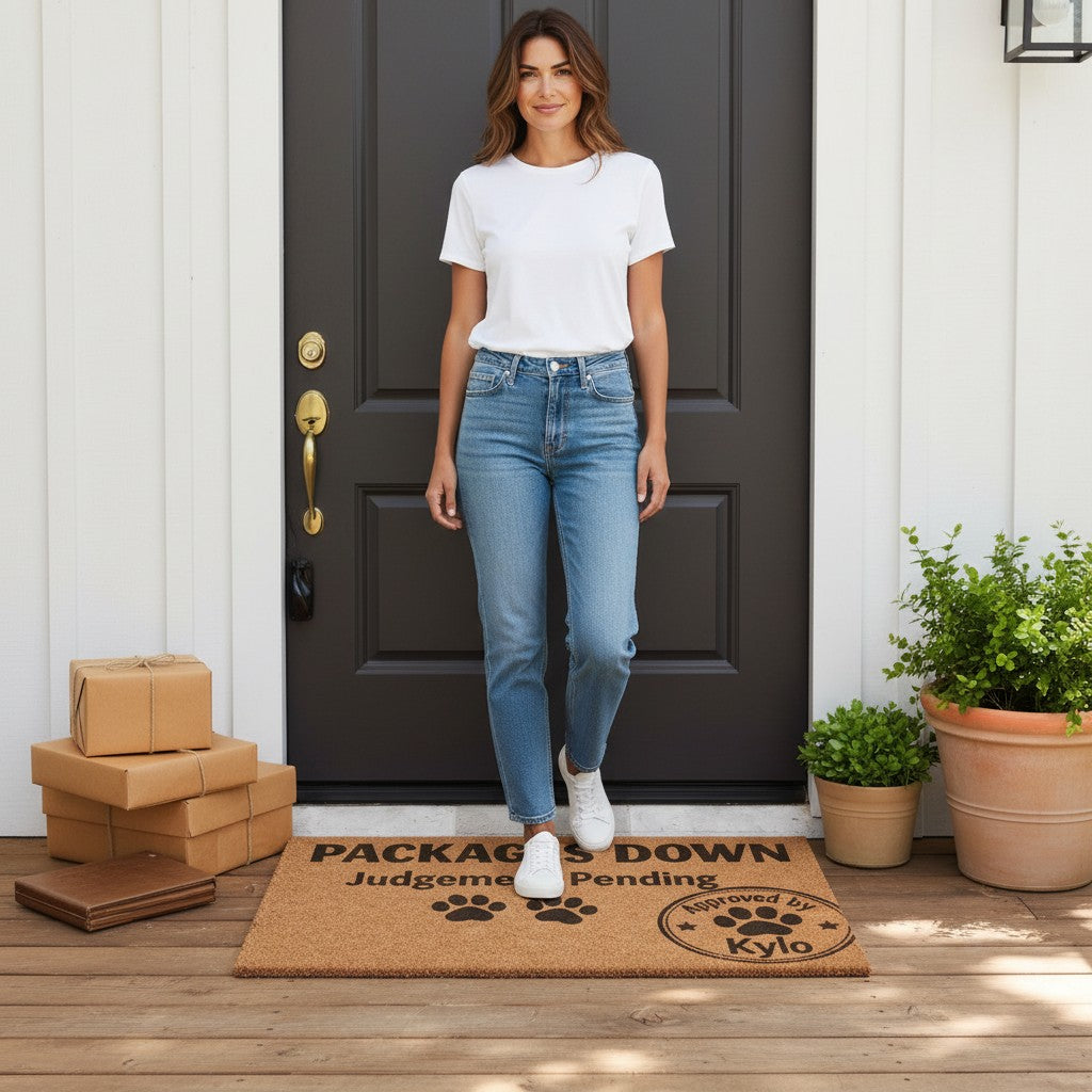 Jena Jewelry coir doormat with "Packages Down, Judgement Pending" text and paw prints. Features "Approved by Kylo" stamp.
