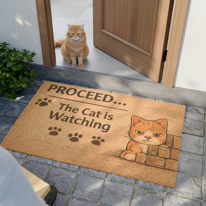 Jena Jewelry funny coir doormat with "Proceed... The Cat is Watching" text and a cartoon cat illustration.