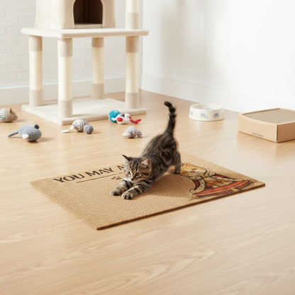 Jena Jewelry natural coir doormat with "You May Approach" text and a royal cat graphic. Perfect for cat lovers.