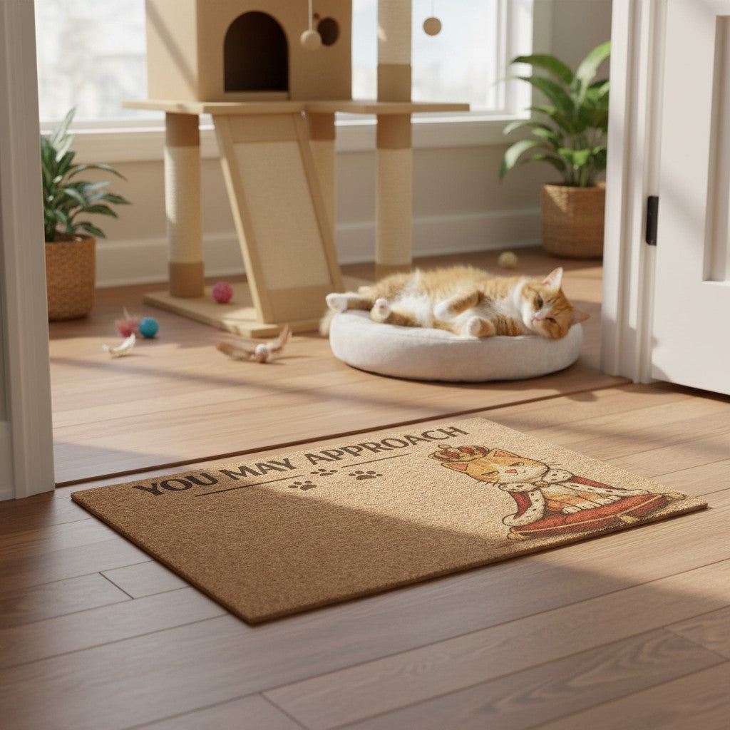 Jena Jewelry humorous doormat with a cartoon cat wearing a crown and royal robe, saying "You May Approach".