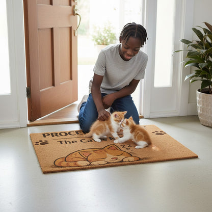 Jena Jewelry coir doormat with a sleeping orange tabby cat and text "Proceed Quietly, The Cat Is Napping".