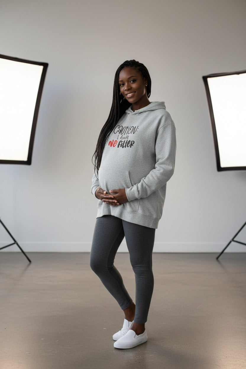 Jena Jewelry light grey cotton-poly blend hooded sweatshirt with "CAUTION: I have NO filter" graphic print.