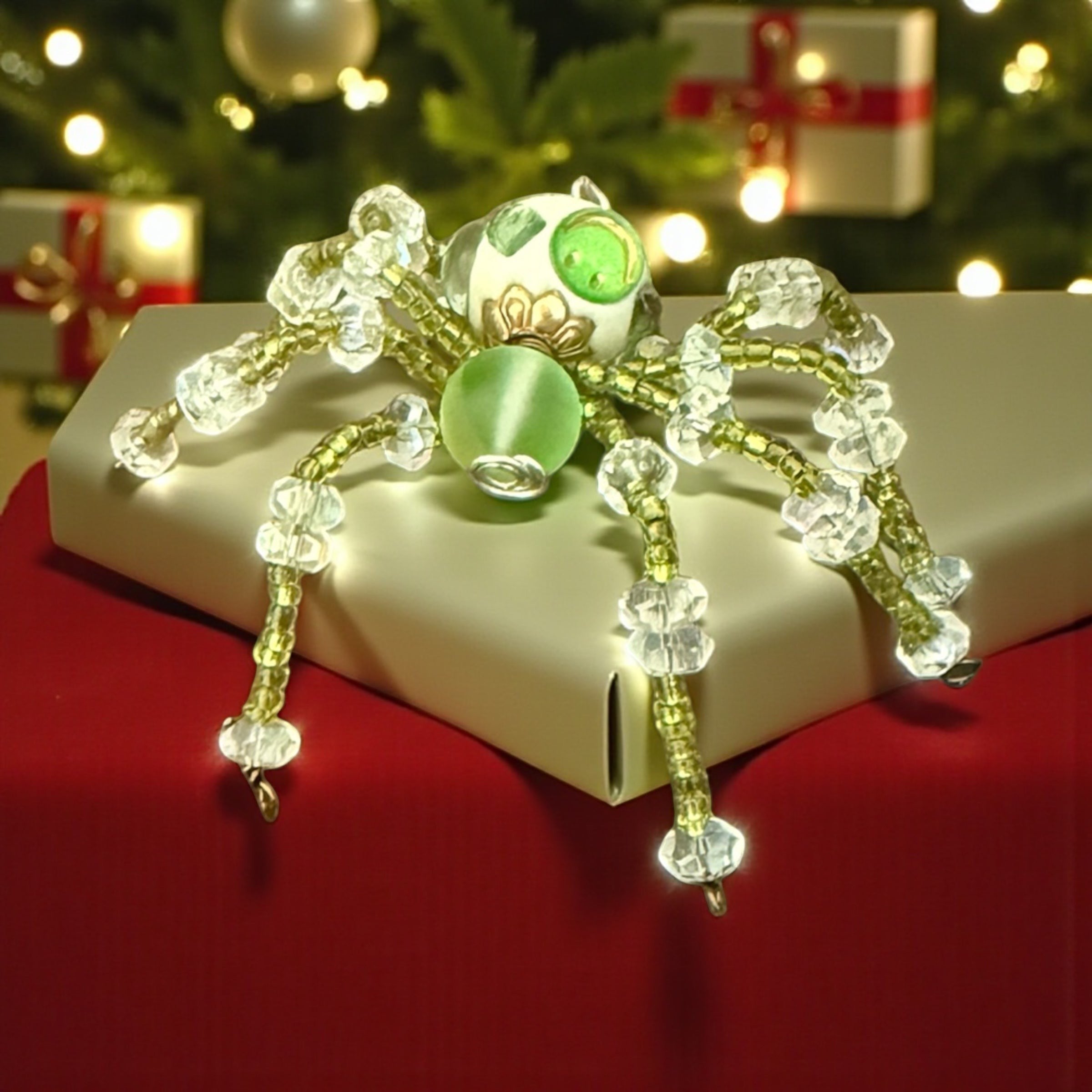 Jena Jewelry handcrafted spider ornament with green bead body and clear crystal legs, on a gift box with Christmas tree background.
