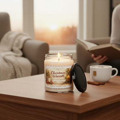 Jena Jewelry "Christmas Warmth" floral soy candle with a cotton wick in a reusable glass jar, perfect for meditation and self-care.