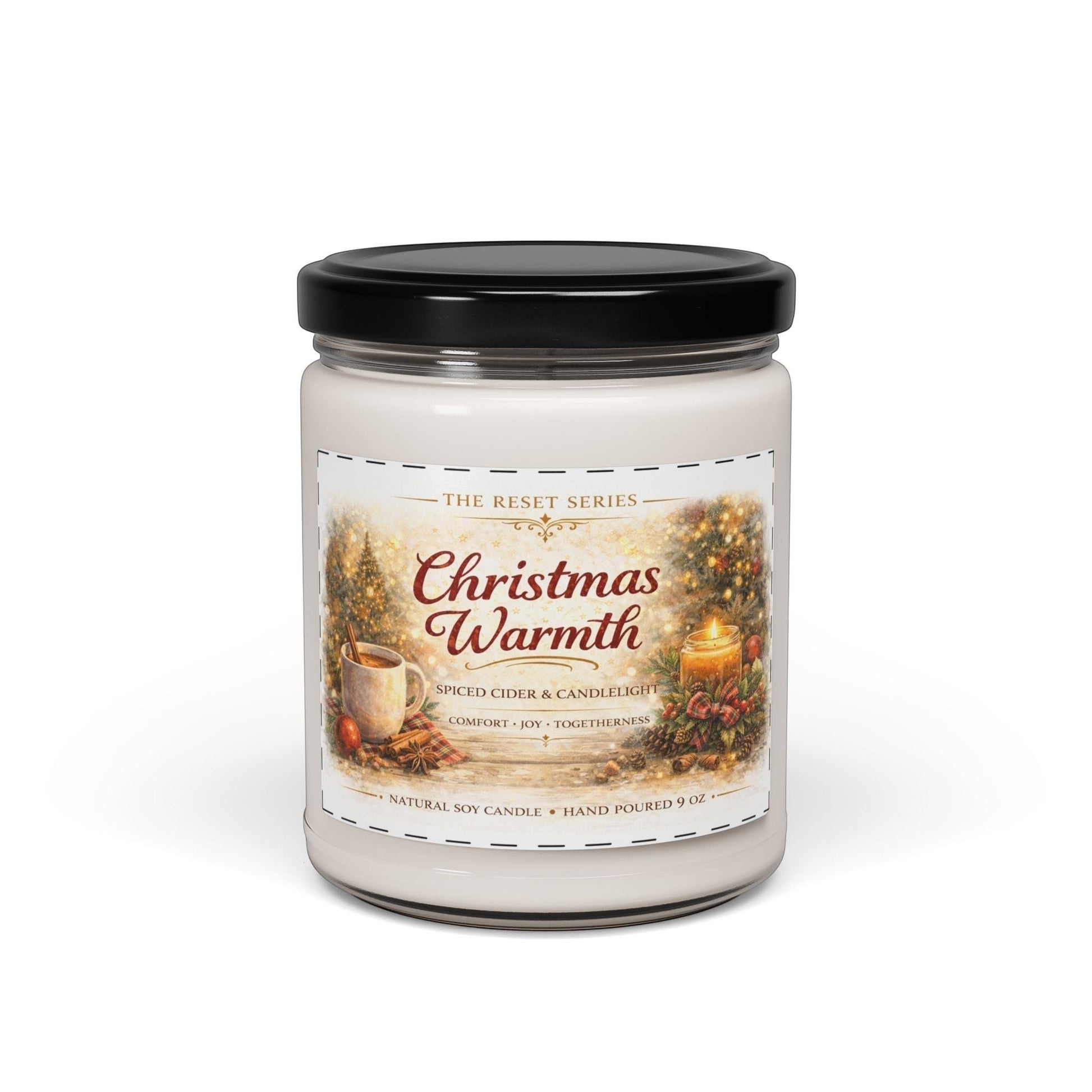 Jena Jewelry Christmas Warmth natural soy candle with a warm spice, sweet citrus, and cozy woods scent. Festive decor.