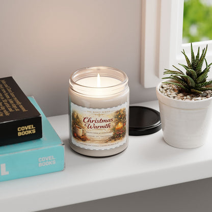 Jena Jewelry Christmas Warmth soy candle with a warm spice, sweet citrus, and cozy woods scent. Festive decor.