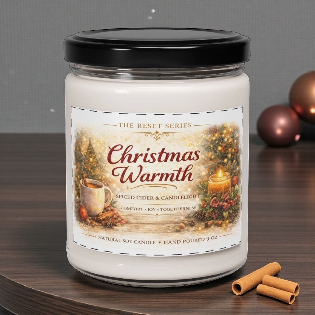 Jena Jewelry Christmas Warmth natural soy candle with spiced cider & candlelight scent. Festive decor.