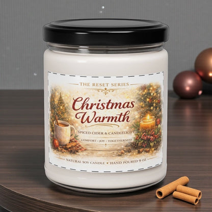 Jena Jewelry Christmas Warmth natural soy candle with spiced cider & candlelight scent. Festive decor.
