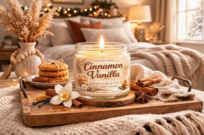 Jena Jewelry Cinnamon Vanilla soy candle with a warm, cozy ambiance. Features cookies, cinnamon sticks, and a flower.