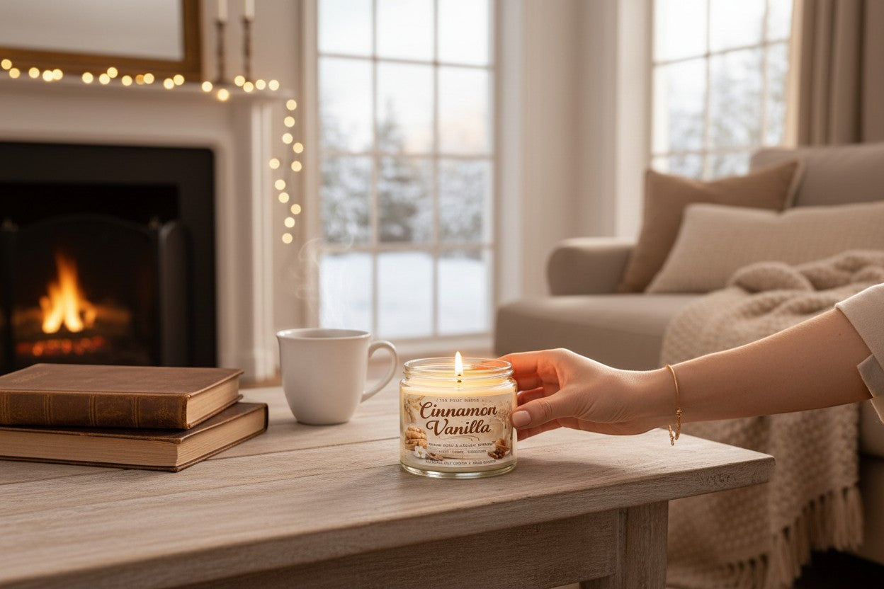 Jena Jewelry Cinnamon Vanilla soy candle in glass jar with lit wick, next to books and a mug by a fireplace.