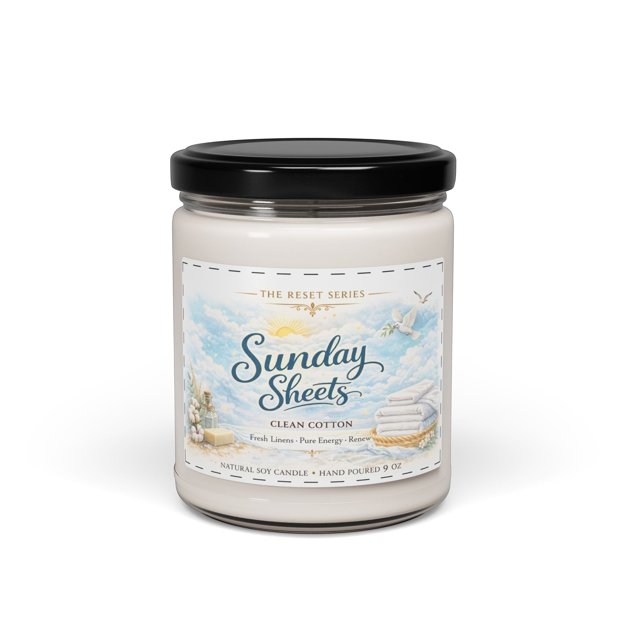 Jena Jewelry Sunday Sheets clean cotton scented soy candle with fresh linen scent, in a reusable glass vessel.