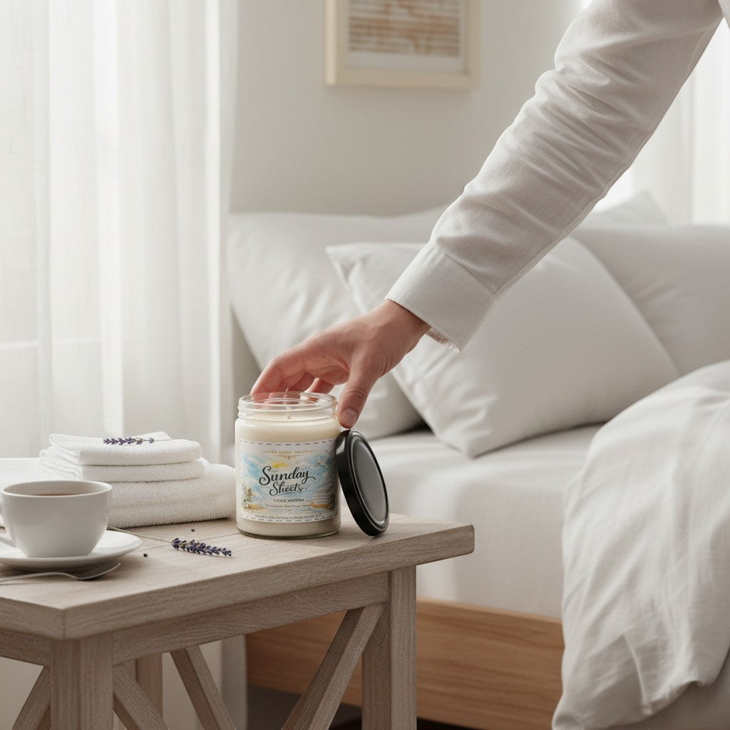 Jena Jewelry Clean Cotton Soy Candle with Fresh Linen scent in a reusable glass vessel, placed on a bedside table.