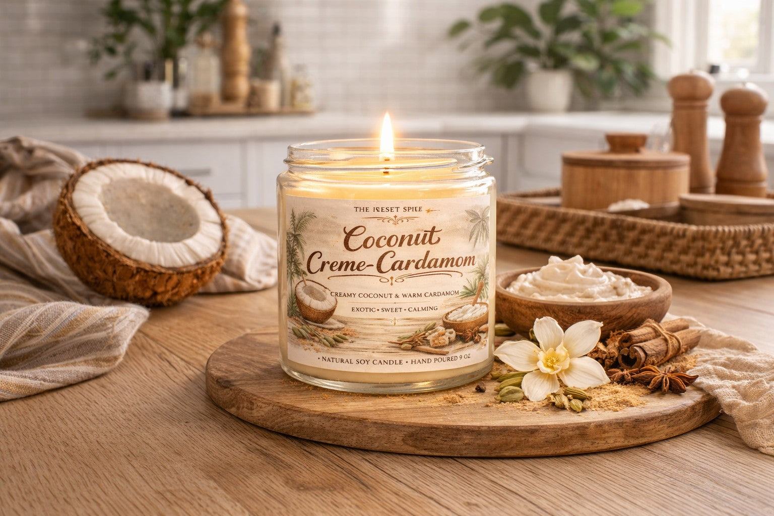 Jena Jewelry Coconut Creme-Cardamom natural soy candle with a lit wick, set on a wooden board with coconut, spices, and a flower.