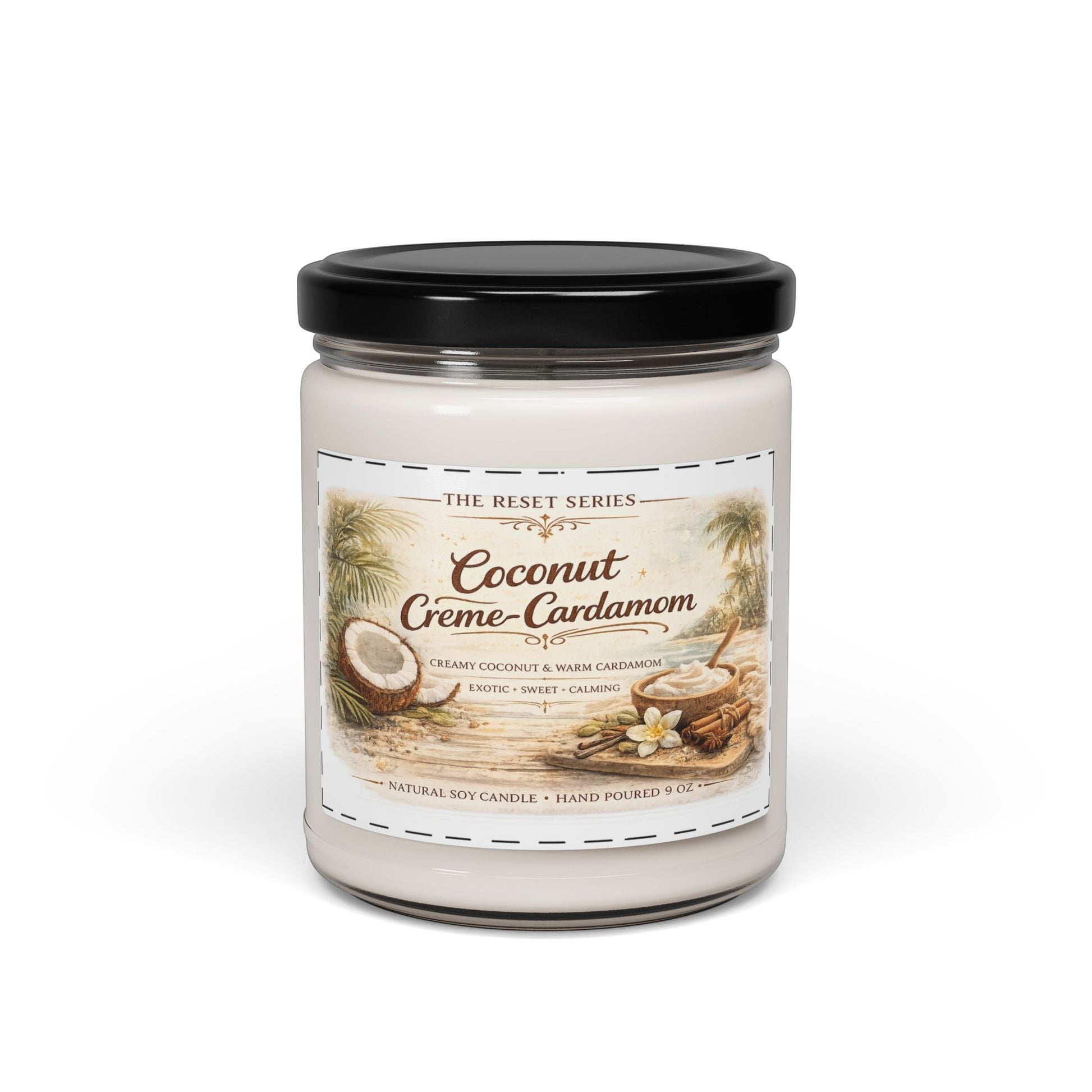 Jena Jewelry Coconut Cardamom soy candle in a clear glass jar with a black lid. Features a tropical beach scene on the label.