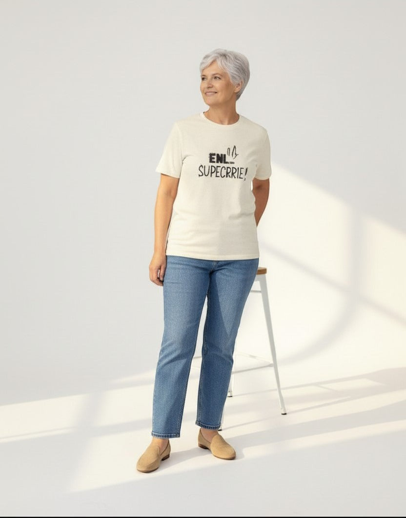 Jena Jewelry cream 100% cotton graphic tee with "EW... PEOPLE!" print, worn by a woman with jeans.