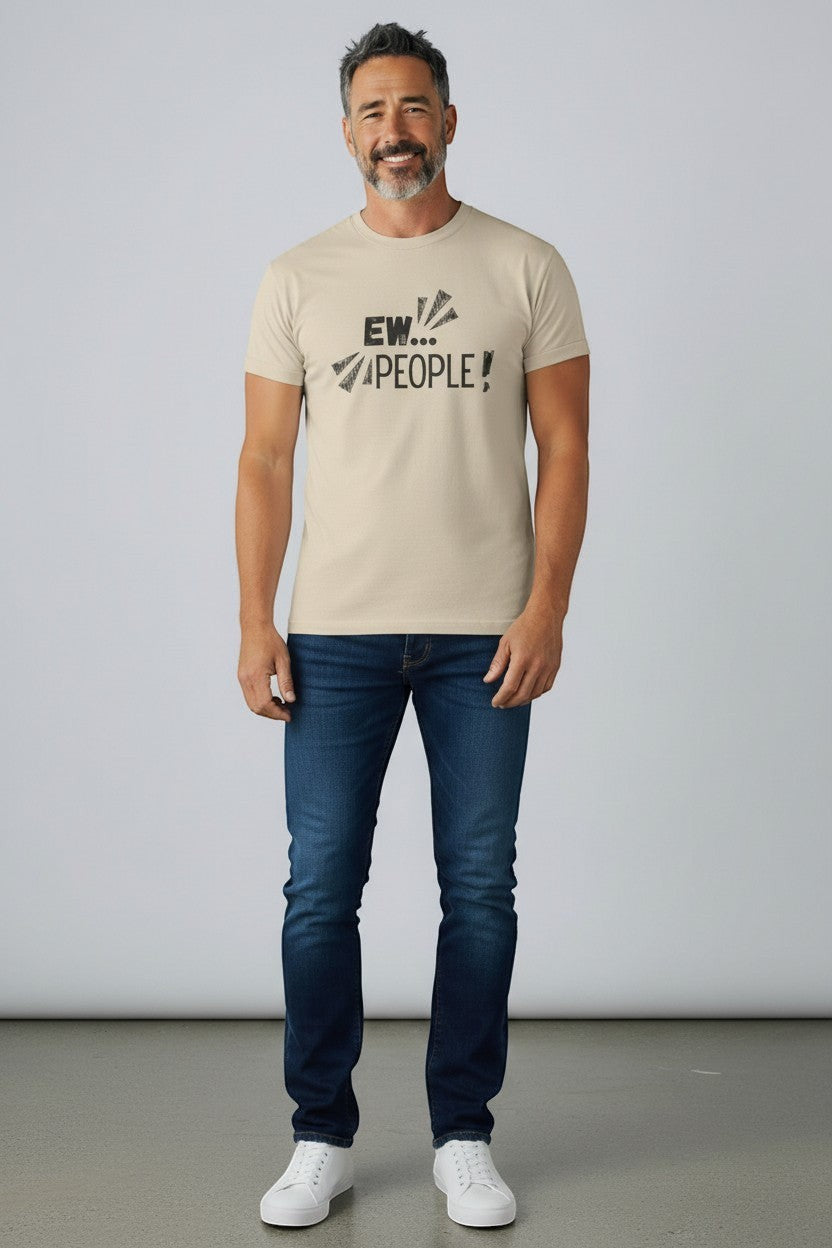 Jena Jewelry men's cream 100% cotton t-shirt with "EW... PEOPLE!" graphic print. Relaxed fit, crewneck, short sleeves.