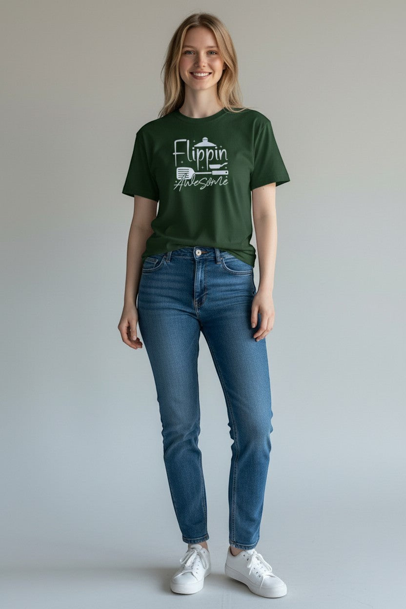 Jena Jewelry dark green 100% cotton t-shirt with white "Flippin Awesome" graphic featuring a spatula and pan.