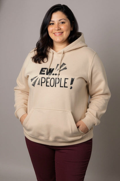 Jena Jewelry beige cotton-poly blend hoodie with black "EW... PEOPLE!" graphic print on chest, kangaroo pocket, and hood.