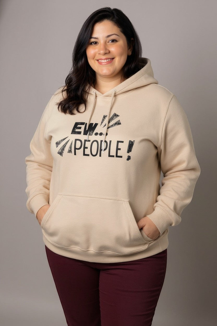 Jena Jewelry beige cotton-poly blend hoodie with black "EW... PEOPLE!" graphic print on chest, kangaroo pocket, and hood.