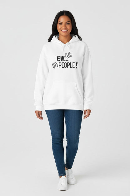 Jena Jewelry white cotton-poly blend hoodie with "EW... PEOPLE!" graphic print and kangaroo pocket.
