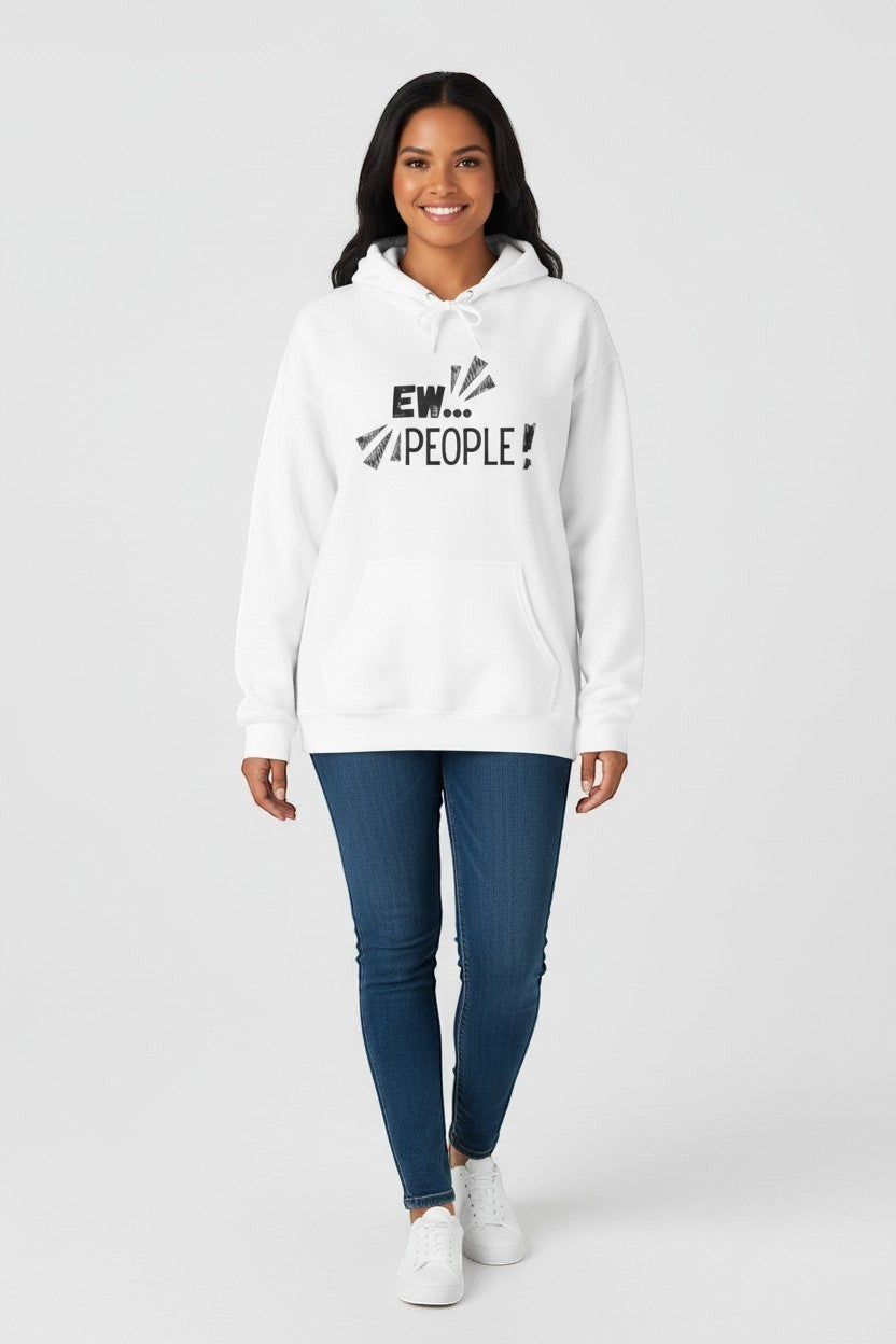 Jena Jewelry white cotton-poly blend hoodie with "EW... PEOPLE!" graphic print and kangaroo pocket.