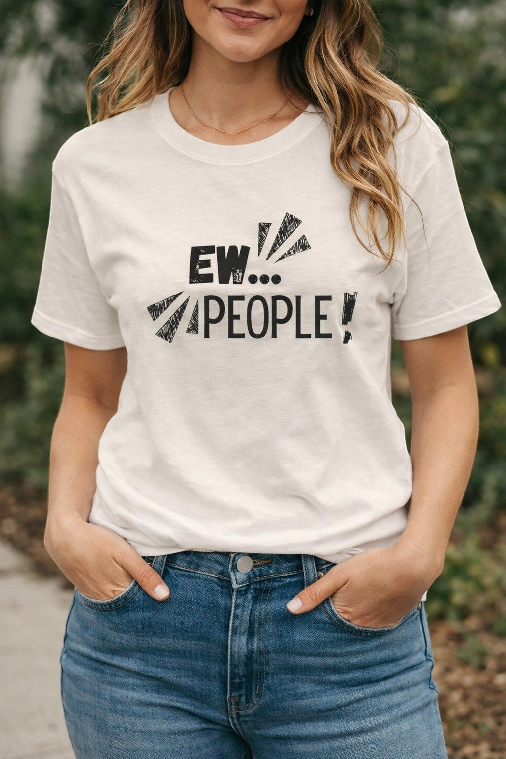 Jena Jewelry cream 100% cotton t-shirt with black "EW... PEOPLE!" graphic print, relaxed fit, crewneck, short sleeves.