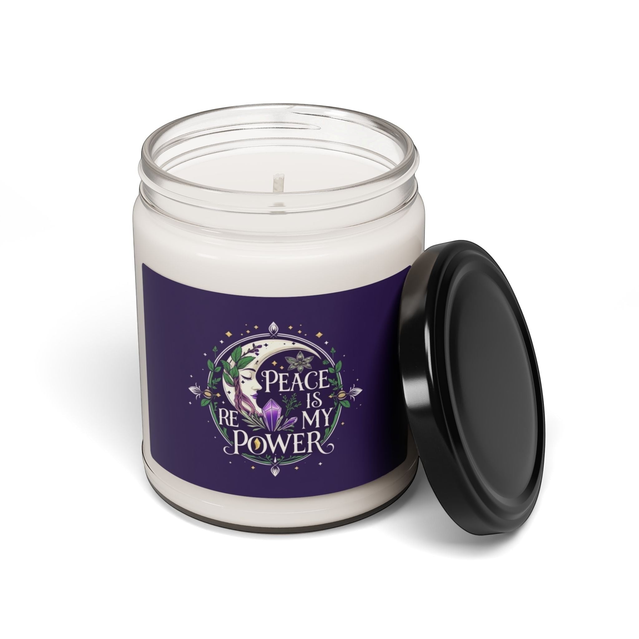 Jena Jewelry floral soy candle with "Peace Is My Power" affirmation, moon, crystals, and woman's profile.